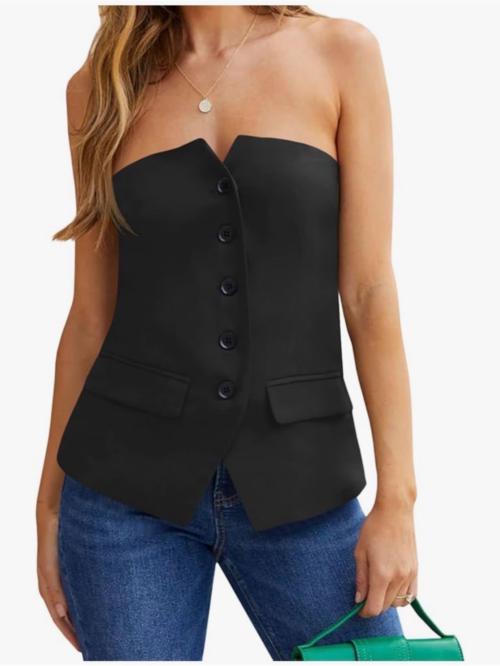 Strapless Black Button-Front Bustier Top